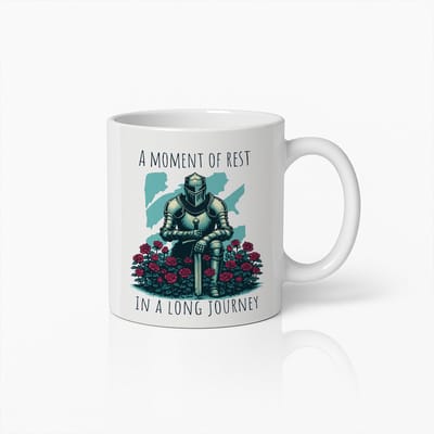 Ridder Mok 330ml – “Een Moment van Rust in een Lange Reis” – Inspirerende Middeleeuwse Koffiebeker – Perfect Cadeau voor Gamers & Fantasyliefhebbers