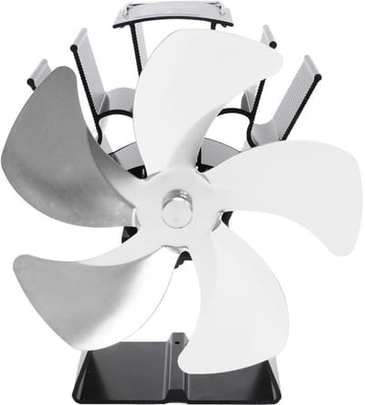fan-Houtkachelventilator met vijf bladen, verticale trapeziumvormige voet, warmteaangedreven, draagbaar, warmte-isolerend, geschikt voor thuis en op de camping, zilverkleurig.