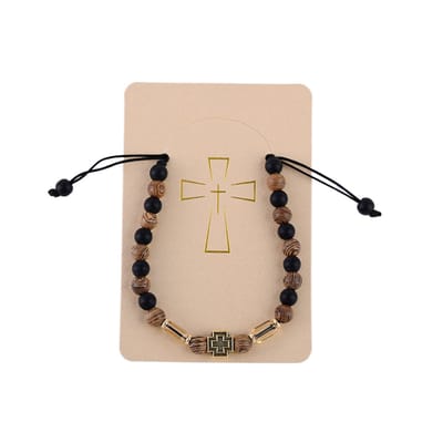 Decopatent - Kruis Armband van Zwart Touw met Kralen en Goud Kruis - Verstelbare Armband - Enkelband - Religieuze Kralenarmband - Rozenkrans - Christelijk - Kerk - Jezus - Religie - Faith