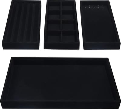 Famanu - Velours sieraden organizer bakken set van 4 zwart, stapelbare lade display dozen met verwijderbare vakken voor ringen en kettingen