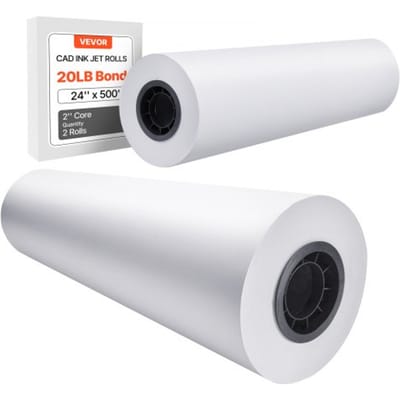 VEVOR Grootformaat Papierplotterpapier 152,4 m x 61 cm 2 rollen CAD Bond-rollen met 76,2 mm kern, tekenrollen voor CAD-tekeningen, technische plannen, GIS-kaarten en architectonische ontwerpen Wit