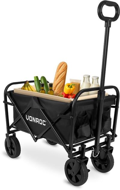 VONROC Bolderkar – Compact model – Opvouwbaar – 60 kg draagvermogen – 50l inhoud – Massieve anti-lek wielen – Stevig stalen frame – Polyester 600D – Zwart