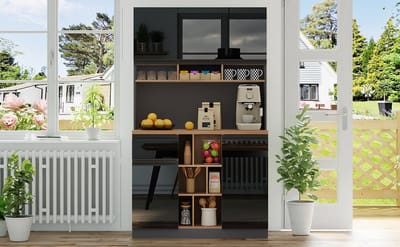 Moderne Keukenkast 105x45x185 Cm - Buffetkast Met Lades, Verstelbare Planken, Open Opbergruimte - Grijs/Zwart