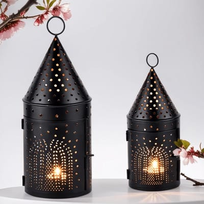 Oosterse lantaarns set - Windlichten decoratie - Sfeerverlichting creëren - Set van twee stuks - 30 en 22 cm - Zwart