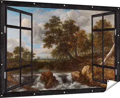 Gards Tuinposter Doorkijk Landschap met Waterval - Jacob van Ruisdael - 180x120 cm - Tuindoek - Tuindecoratie - Wanddecoratie buiten - Tuinschilderij