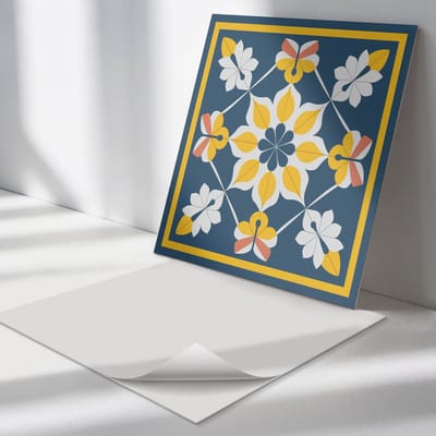 Wallfluent Vinyl Tegels - Bloemenpatroon in Symmetrie Vloer Tegels PVC - 30 cm x 30 cm - Geel PVC Tegels - Set van 9 - Vierkant PVC Tegels - Patroon Plaktegels - Zelfklevende PVC Tegels - Plaktegels Keuken en Badkamer