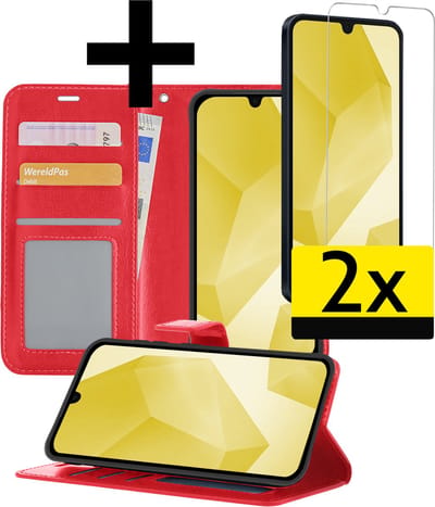 Hoesje - Met 2x Screenprotector - Geschikt voor Samsung Galaxy A16 - Luxe Pasjeshouder - Bookcase Portemonee - Flip Case - Kunstleer Book Case - Flipcase Hoes - Book Cover - Walletcase - Portemonneehoes - Telefoonhoesjes - Rood