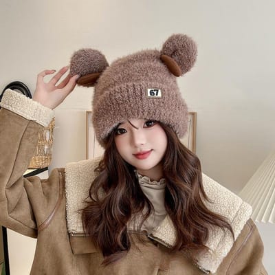 Chapeau en tricot avec bois de cerf en peluche doux et mignon pour femmes en automne et en hiver Chaleur et Épais Protection des oreilles Polyvalent Affinant le visage Petit chapeau en tricot one size gray
