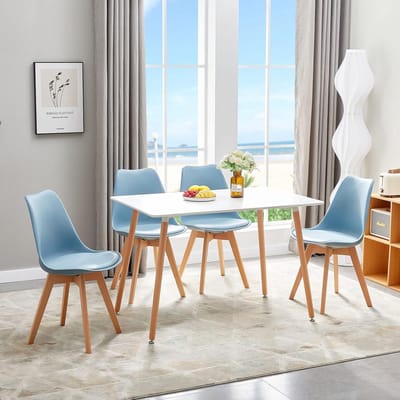 Scandinavische Design Eetkamerstoelen Set van 4 – Comfortabele PU Leren Zitting, Massief Beukenhouten Poten, Lichtblauw (Morandi) – 82 cm Hoog