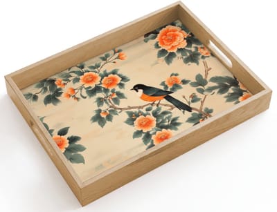 Dienblad hout 40x30 cm - Schootdienblad - Vogel - Tak - Bloemen - Oranje - Borrelplank rechthoek - Plateau dienbladen