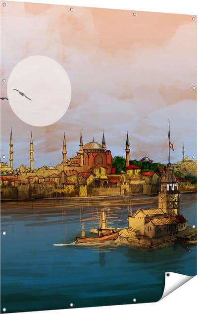 Gards Tuinposter Illustratie van de Maiden's Tower in Istanbul - 120x160 cm - Tuindoek - Tuindecoratie - Wanddecoratie buiten - Tuinschilderij