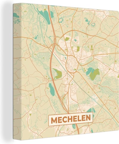 Canvas Schilderij België - Kaart - Mechelen - Stadskaart - Plattegrond - 20x20 cm - Wanddecoratie
