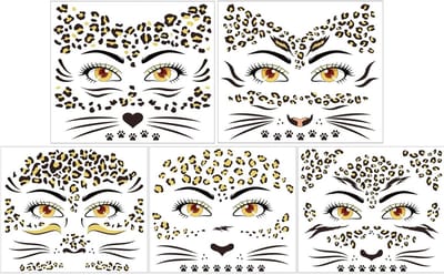 Leopard Gezicht Tattoo Stickers - 5 Stuks voor Carnaval, Halloween en Feestjes - Dierenprint Make-Up Stickers voor Creatieve Looks