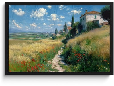 Poster in lijst - Fotolijst 60x40 cm - Posters - Zandpad - Huis - Bomen - Grasveld - Posterlijst zwart - Decoratie - Wanddecoratie woonkamer - Muurdecoratie slaapkamer