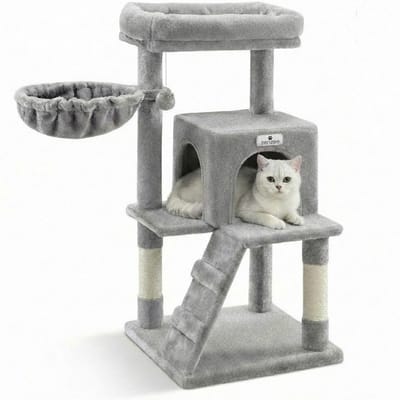 Krabpaal - Kattenhuis en kattenmand - Ook voor kittens en senior katten - Compact - Modern - Lichtgrijs - 49 x49 x 97 cm