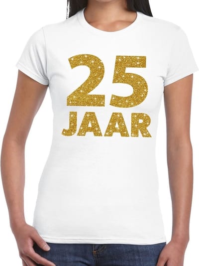 25 jaar verjaardag t-shirt - cadeau - wit - dames - met gouden glitter print - jubileum - kleding XS