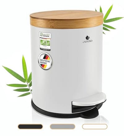 Afvalemmer voor Badkamer - Cosmetica-emmer met Bamboe Deksel en Softclose - Roestvrij Stalen Pedaalemmer met Antislip Pad