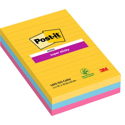 Post-it® Super Sticky Notes, Kleurenset Rio, Canary Yellow™, Mediterraan blauw, Fuchsia, Gelijnd , 101mm x 152mm, 90 blaadjes, 3 blokken