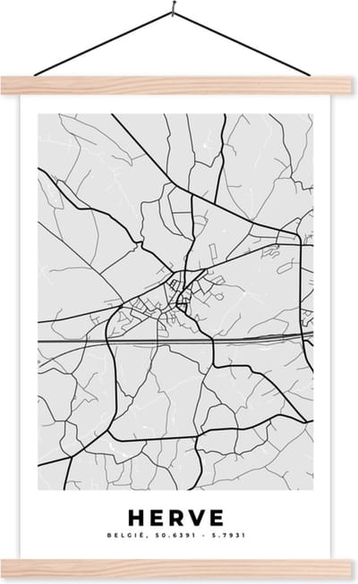 Posterhanger incl. Poster 40x60 cm - Schoolplaat - België – Herve – Stadskaart – Kaart – Zwart Wit – Plattegrond - Textielposter - Blanke latten - Stadskaart