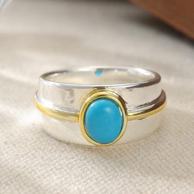 Bohemian Stijl Ingelegd Synthetisch Turkoois Tweekleurig Eenvoudige Ring Damesmode Charme Festival Vakantie Sieraden Accessoires Cadeaus 6&Silver Plated