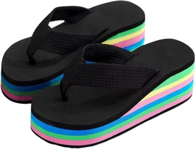 Dames Platform Slippers Regenboog – Zomer Wedge Sandalen met Dikke Zool – Lichtgewicht Slip-On Strand Slippers - Zwart - Maat 39