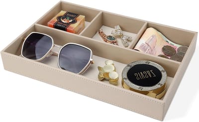 Elegante lederen opbergdoos voor bureau en nachtkastje, multifunctionele organizer voor pennen, sleutels en sieraden (beige)