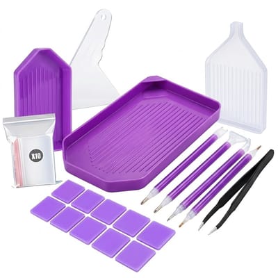Paars diamond painting pakket compleet met gereedschap en opbergdoos DIY set met tray pen pincet wax en accessoires geschikt voor diamond painting hobby creatie en sorteren kralen