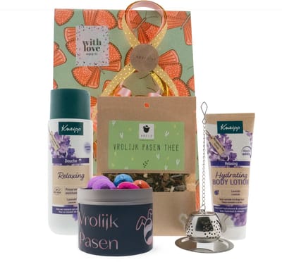 Kneipp Cadeauset Relaxing Lavendel Pasen - Kneipp Mini Body Lotion 75 ml Relaxing - Kneipp Douche 200 ml Pure Relaxing - ARELO Vrolijk Pasen the