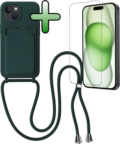 Hoes Geschikt voor iPhone 15 Plus Hoesje Pas Houder Case Hoes Met Koord Met Screenprotector - Hoesje Geschikt voor iPhone 15 Plus Hoes Met Telefoonkoord Pasjeshouder Cover - Donkergroen