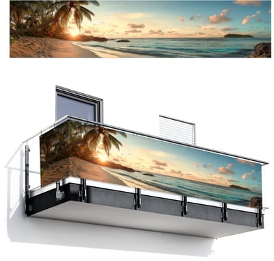 Balkonscherm 500x110 cm - Balkonposter Strand - Palmbomen - Oceaan - Zonsondergang - Balkon scherm decoratie - Balkonschermen - Balkondoek zonnescherm