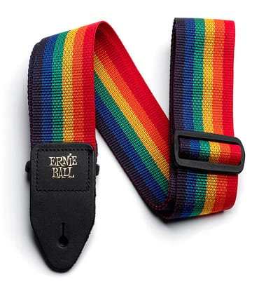 Ernie Ball Polypro - Gitaarband - Regenboog - Polypropylene - Zwart Lederen Uiteinden - Goud EB Logo - Verstelbaar 104-183cm