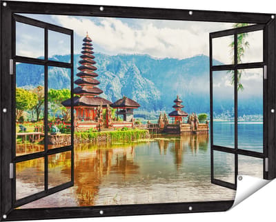 Gards Tuinposter Doorkijk Pura Tempel in Bali op het meer Beratan - 150x100 cm - Tuindoek - Tuindecoratie - Wanddecoratie buiten - Tuinschilderij
