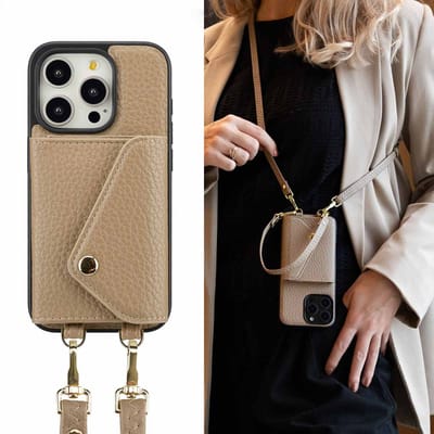 Selencia Hoesje - Geschikt voor Apple iPhone 15 Pro - Sera Koordhoes met pashouder envelop - Taupe