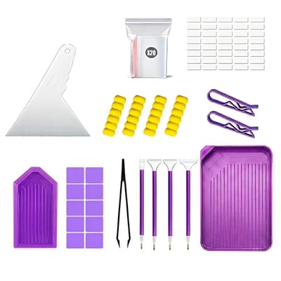 Paars diamond painting pakket compleet met gereedschap en opbergdoos DIY set met trays pen pincet wax label stickers en accessoires geschikt voor diamond painting hobby creatie en sorteren kralen