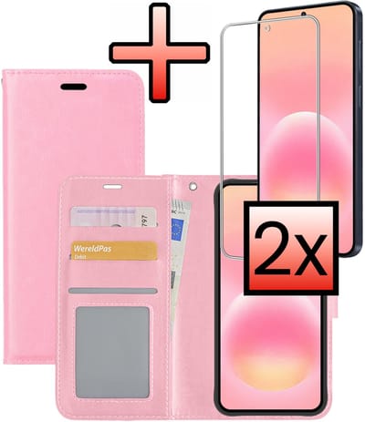 Hoesje - Met 2x Screenprotector - Geschikt voor Samsung Galaxy A57 - Luxe Pasjeshouder - Bookcase Portemonee - Flip Case - Kunstleer Book Case - Flipcase Hoes - Book Cover - Walletcase - Portemonneehoes - Lichtroze