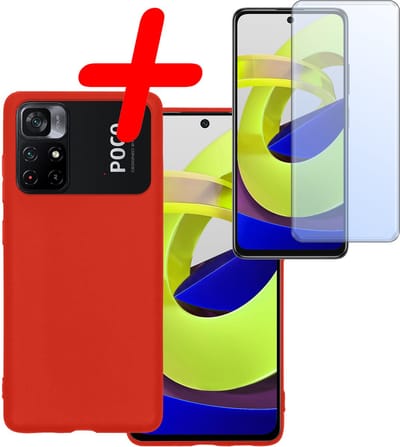 Hoesje Met Screenprotector - Geschikt voor Xiaomi Poco M4 Pro 5G - Sterk & Shockproof - Back Cover - Siliconen Case - Telefoon Hoes - Rood