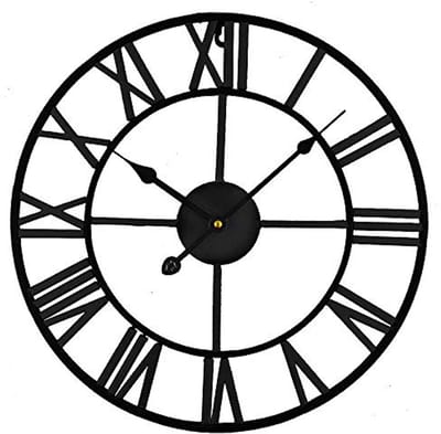 Grote wandklok met Romeinse cijfers - Stille metalen klok voor binnen en buiten - Rond, zwart, 40 cm