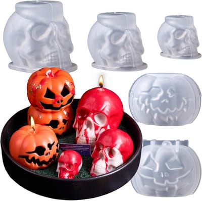 Set van 5 3D Halloween Kaarsen Mallen: Schedel en Pompoen voor Kaars, Zeep en Hars Gieten
