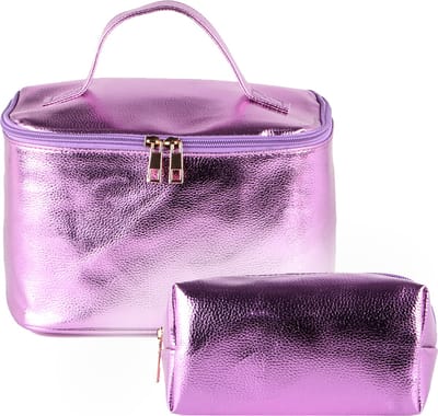 Nouka Paarse Dames & Meisjes Toilet Etui Set - Toilettas – Metallic - Beauty Case – Make Up Tas / Tasje – Grote Inhoud - PU Leer – Klein – Cadeau voor Vrouwen - Cadeau voor Kinderen – Cadeau voor Meisjes