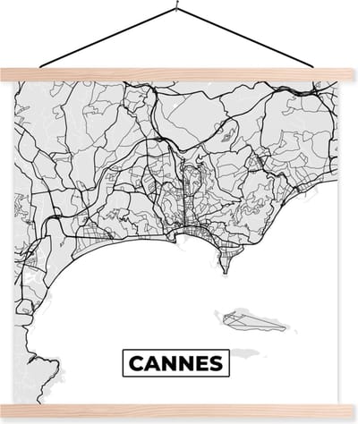 Posterhanger incl. Poster 40x40 cm - Schoolplaat - Cannes - Plattegrond - Frankrijk - Kaart - Stadskaart - Textielposter - Blanke latten - Stadskaart