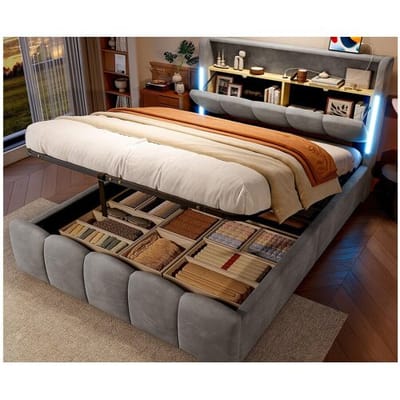 ModernLuxe Gestoffeerd opbergbed 140x200 cm - met LED-verlichting - met USB- + Type-C-poorten - fluweel - grijs (matras niet inbegrepen)