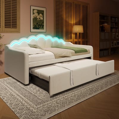 Slaapbank - Uitschuifbaar 90x200 Cm Wordt 180x200 Cm - Beige Fluweel Met Kleurrijke Ledstrip - Zonder Matras