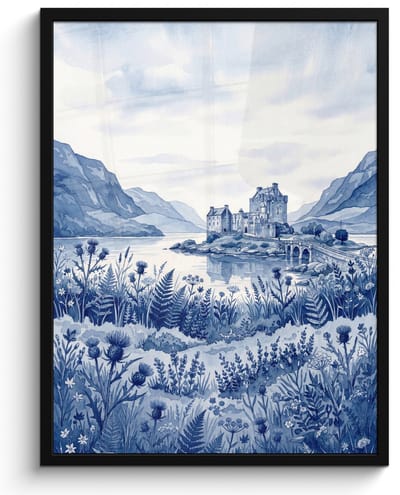 Poster in lijst - Fotolijst 60x80 cm - Posters - Schots - Kasteel - Blauw - Aquarel - Posterlijst zwart - Decoratie - Wanddecoratie woonkamer - Muurdecoratie slaapkamer
