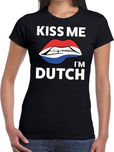 Kiss me i'm Dutch t-shirt zwart dames - feest shirts dames XS