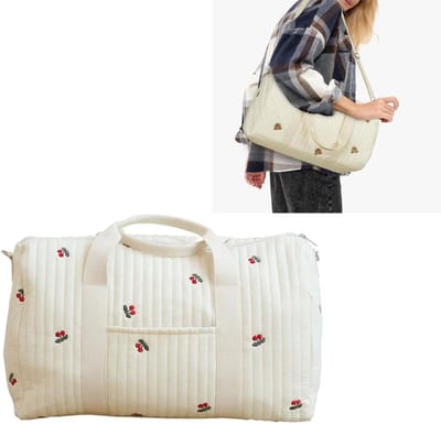 KZQ Luiertas schoudertas verzorgingstas voor baby beige met kersenprint geborduurd groot grote capaciteit unisex baby tas kraamcadeau