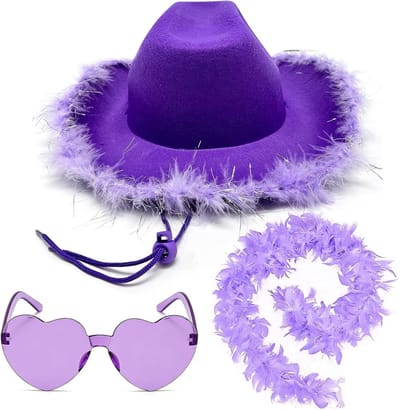 Brede Hoed voor Cowgirls met Hartvormige Zonnebril en Boa - Cowboy Kostuumaccessoires voor Volwassenen en Feestjes