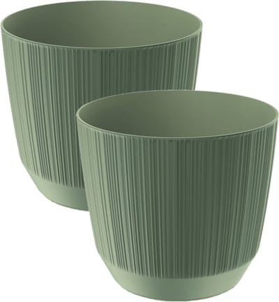 Prosperplast Plantenpot - 2x stuks - stripe - olijfgroen - kunststof - D20xH17 cm - voor binnen/buiten