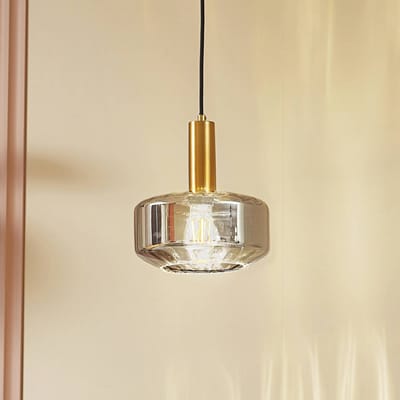 Lindby - hanglamp - 1licht - Glas, ijzer - H: 11.8 cm - E27 - rookgrijs, messing