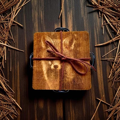 Baardmans Creaties - Bamboe onderzetters vierkant 10cm met houder ( set van 6) “Veluws Wild”.