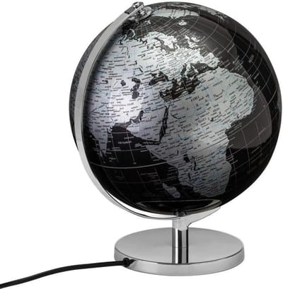 Wereldbol lamp stekker zwart-zilveren metalen voet 25x25x325 cm met verlichting
